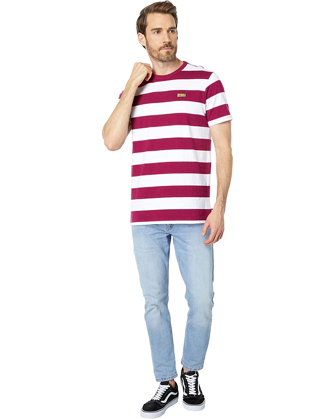 Vans Men's Short Sleeve Tee, (Color Multilier Stripe) Raspberry Radiance/Antique White