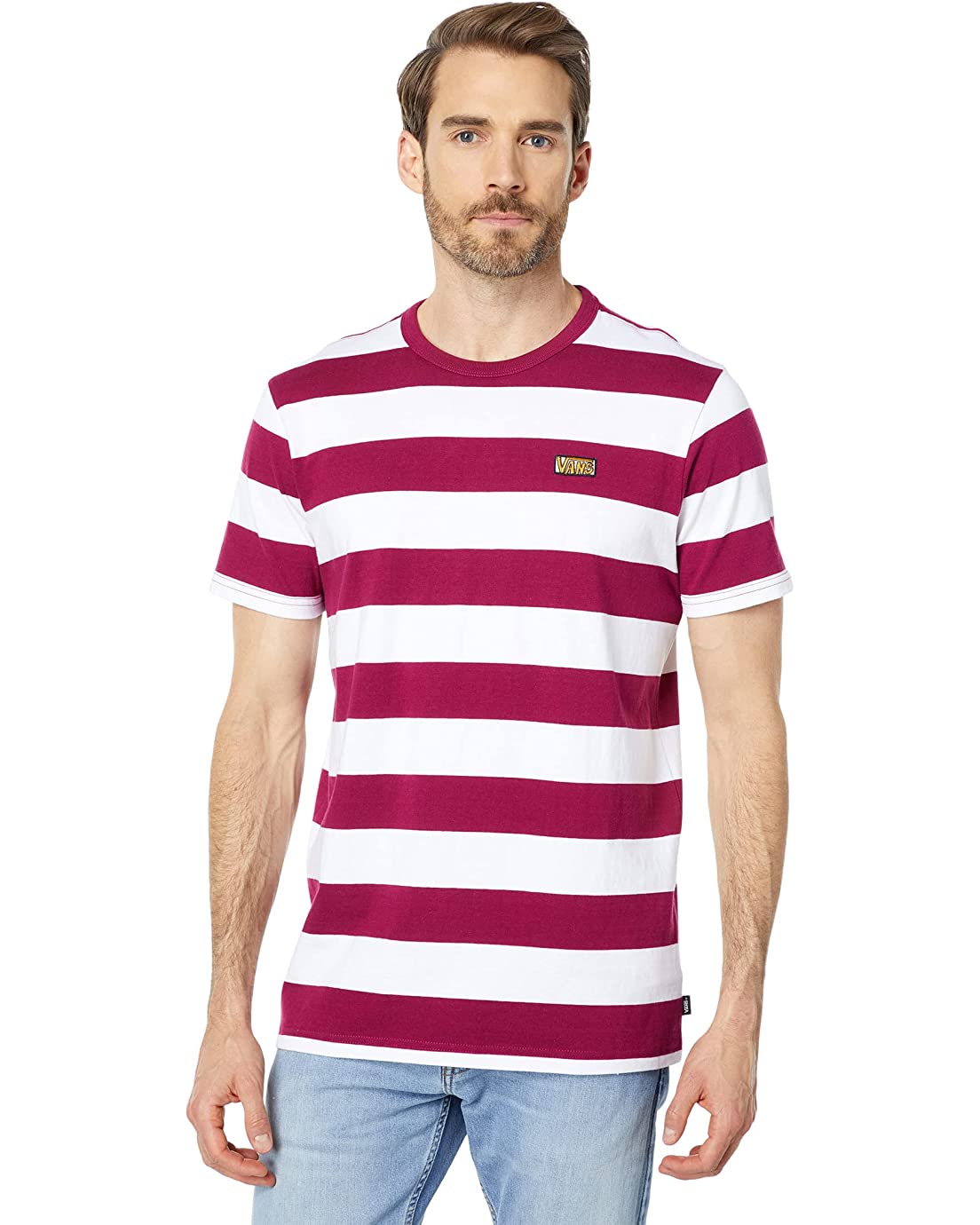 Vans Men's Short Sleeve Tee, (Color Multilier Stripe) Raspberry Radiance/Antique White