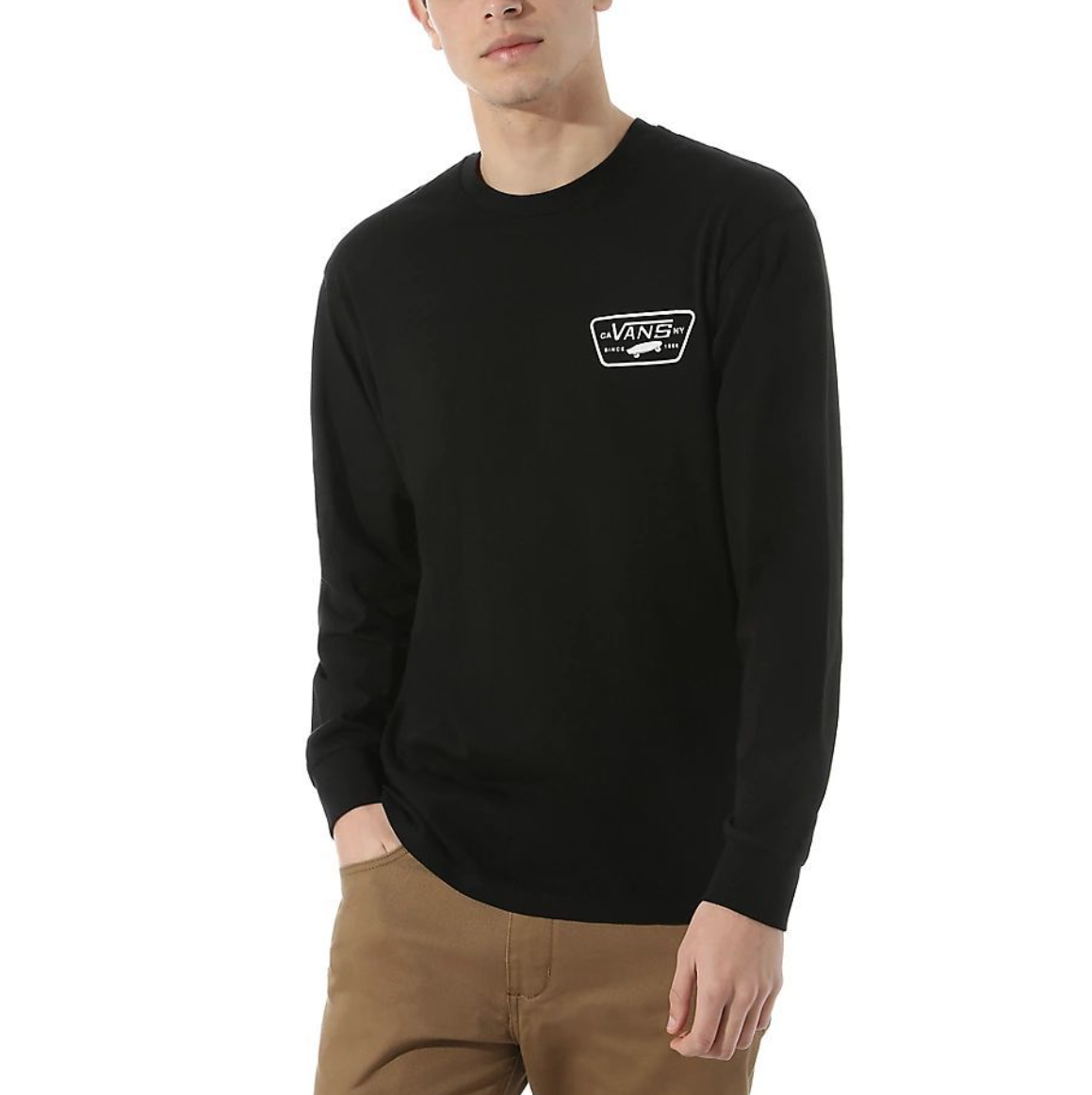 Vans Men's Long Sleeve T-Shirt, (Full Patch Back) Black/White