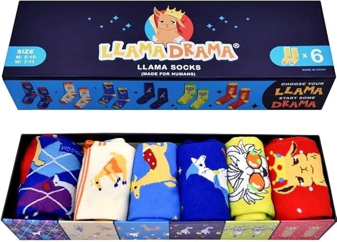 6 Pairs Llama Crew Socks in Premium Gift Box for Teens and Adults