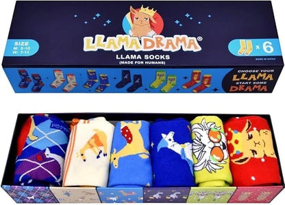 6 Pairs Llama Crew Socks in Premium Gift Box for Teens and Adults