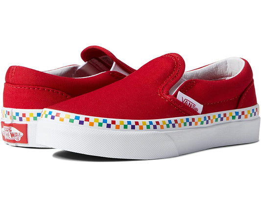 Vans Kids Slip-On, Rainbow Checkerboard, Red/True White (Kids)